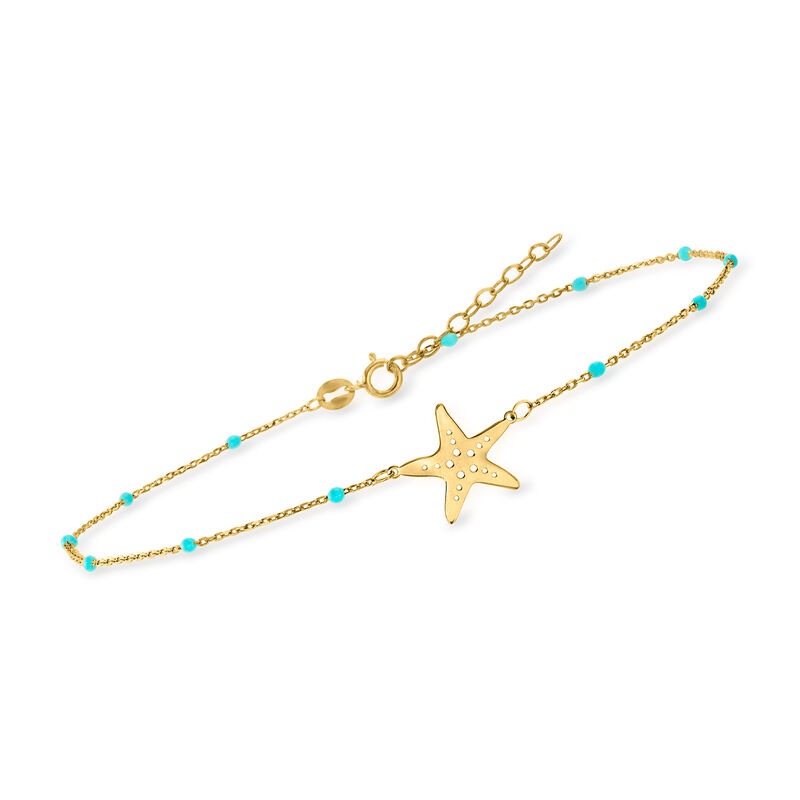 Italian 14kt Yellow Gold Starfish and Blue Enamel Station Anklet. 9&quot; image number 1
