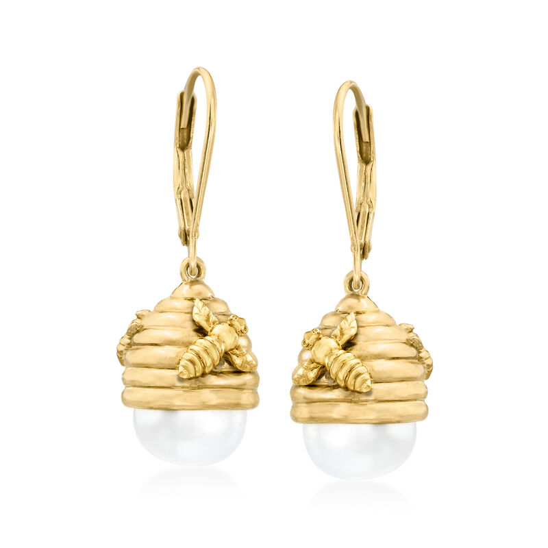 9mm Cultured Pearl Beehive Drop Earrings in 18kt Gold Over Sterling image number 0