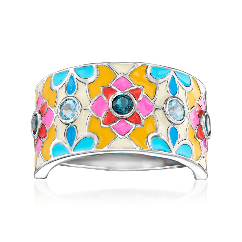 .30 ct. t.w. Swiss and London Blue Topaz Floral Ring with Multicolored Enamel in Sterling Silver image number 0