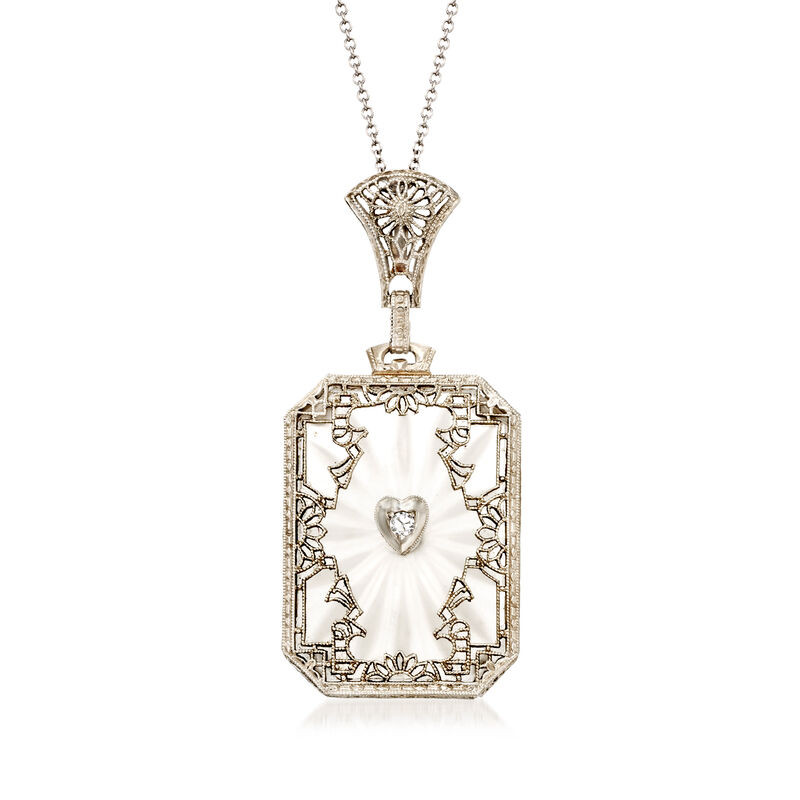 C. 1950 Vintage Rock Crystal Pendant Necklace with Diamond Accents in 14kt White Gold. 16" image number 0