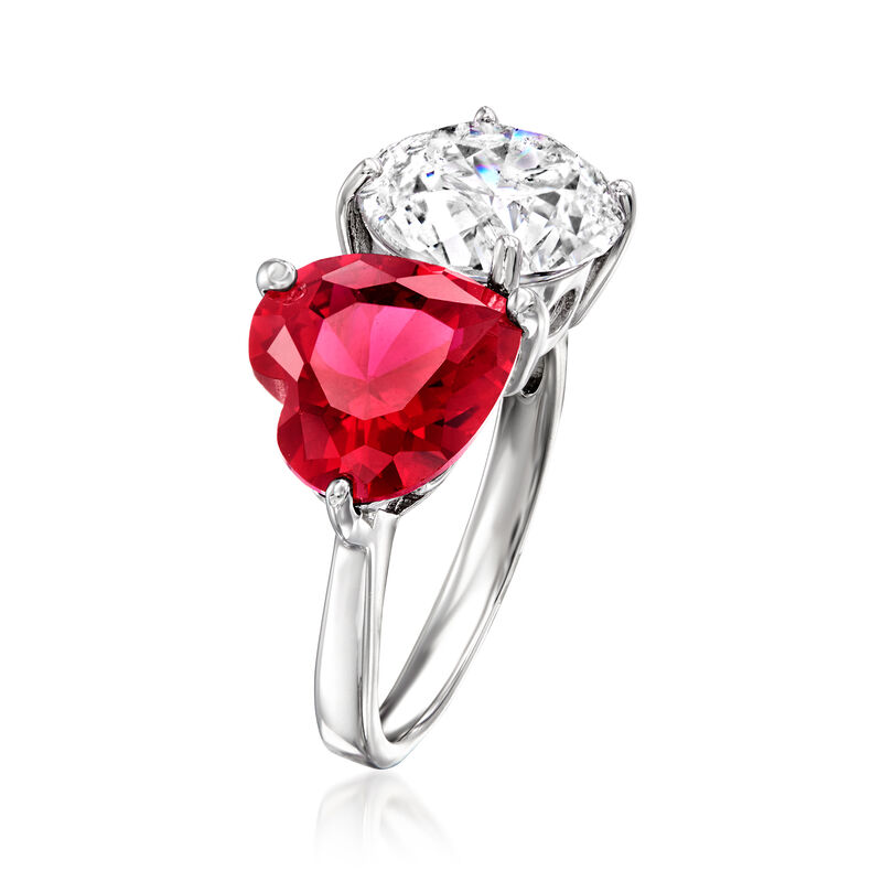 3.50 Carat CZ and 1.00 Carat Simulated Ruby Toi et Moi Ring in Sterling Silver image number 2