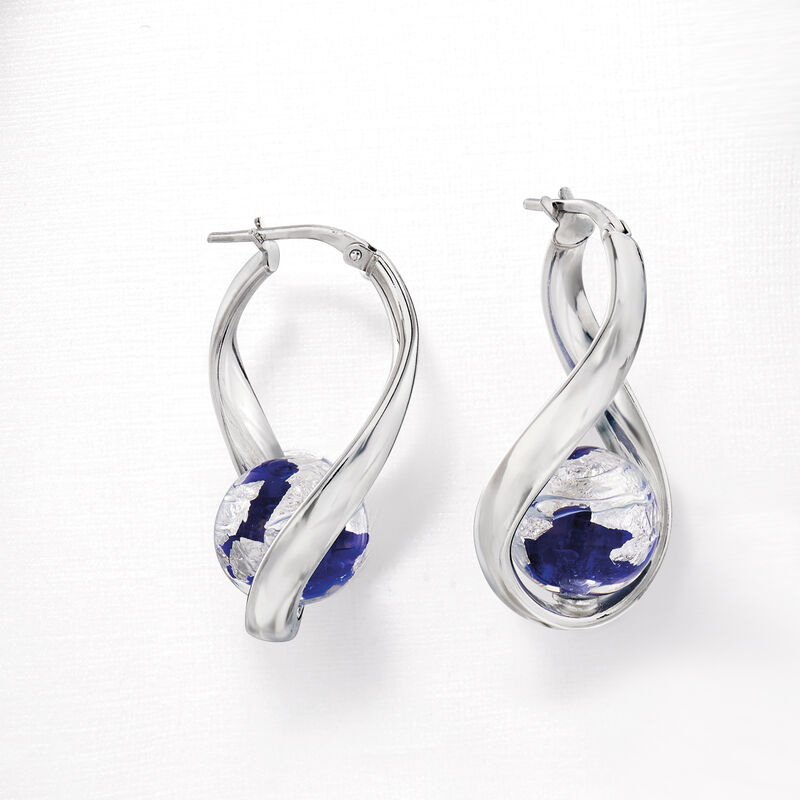 Italian Blue and Silvertone Murano Glass Bead Curved Hoop Earrings in Sterling Silver. 1 1/4&quot; image number 4