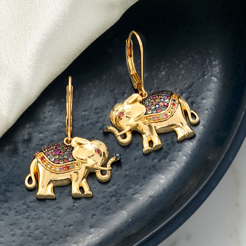 .60 ct. t.w. Multicolored Sapphire and .20 ct. t.w. Ruby Elephant Drop Earrings in 18kt Gold Over Sterling image number 2