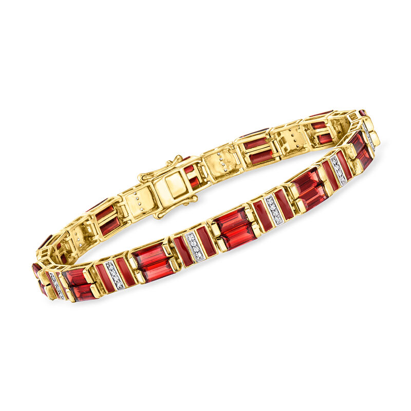 9.50 ct. t.w. Garnet and .20 ct. t.w. White Topaz Bracelet with Red Enamel in 18kt Gold Over Sterling. 7&quot; image number 0