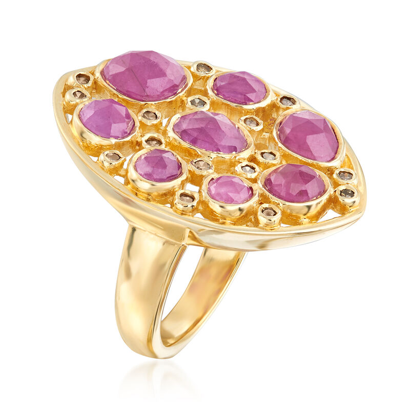 6.00 ct. t.w. Ruby and .25 ct. t.w. Champagne Diamond Ring in 18kt Gold Over Sterling image number 2