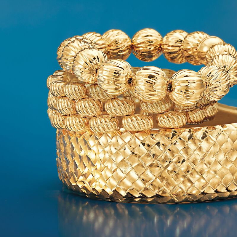 Italian Andiamo 14kt Yellow Gold Ribbed Bead Bracelet with Magnetic Clasp. 8.25&quot; image number 2