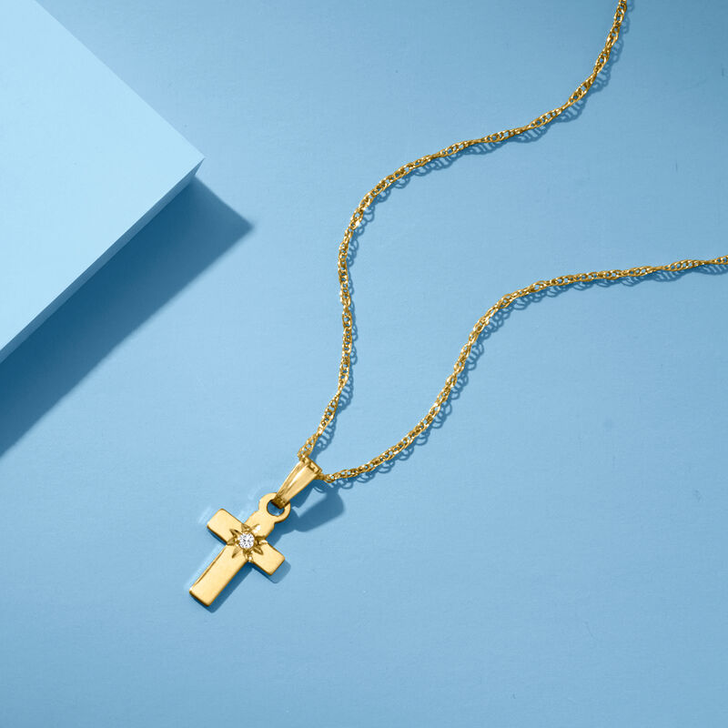 Baby's 14kt Yellow Gold Cross Pendant Necklace with Single Diamond. 13&quot; image number 3