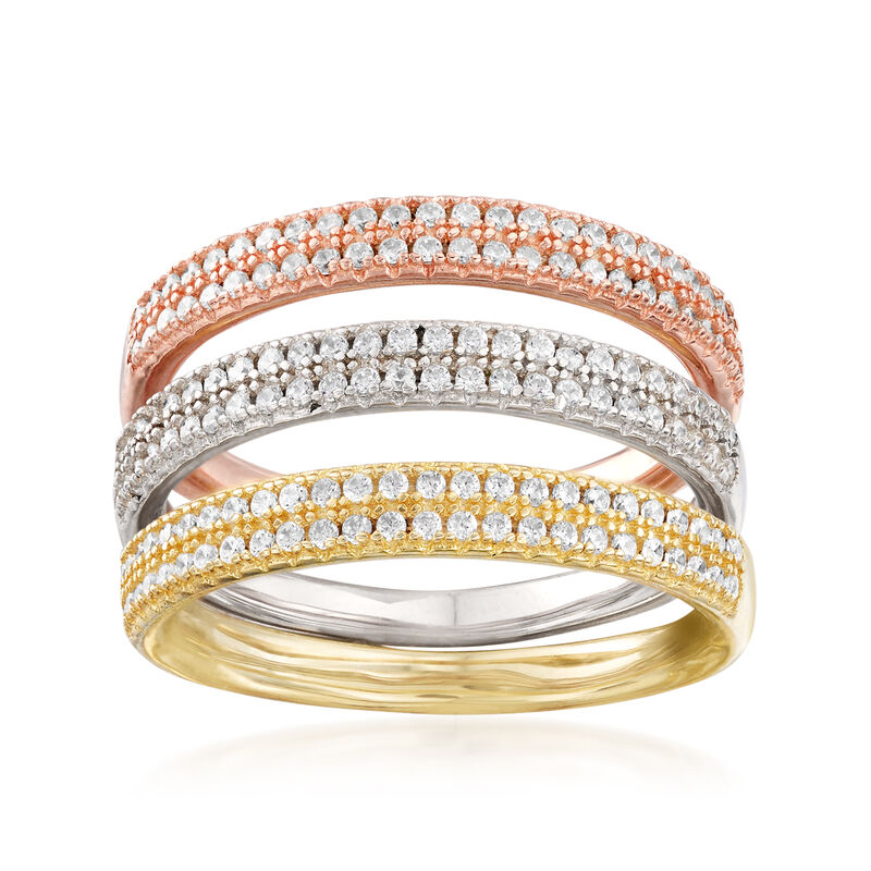 .80 ct. t.w. CZ Jewelry Set: Three Rings in Rose and Yellow 18kt Gold Over Sterling and Sterling Silver image number 0