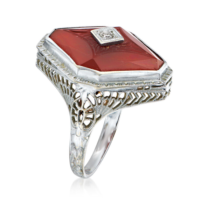 C. 1940 Vintage Carnelian Ring with Diamond Accent in 14kt White Gold. Size 5.75 image number 2