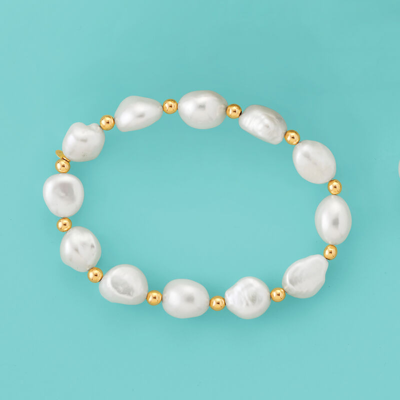 10.5-11.5mm Cultured Baroque Pearl Stretch Bracelet with 14kt Yellow Gold image number 2