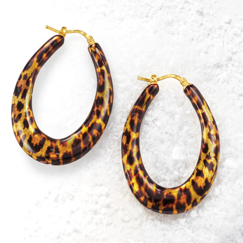 Italian Leopard-Print Enamel Hoop Earrings in 18kt Gold Over Sterling image number 2
