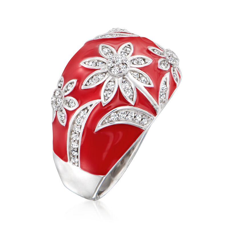 .40 ct. t.w. White Topaz and Red Enamel Floral Ring in Sterling Silver image number 2