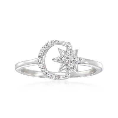.10 ct. t.w. Diamond Moon and Star Ring in Sterling Silver