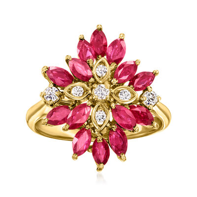 C. 2020 Vintage 1.40 ct. t.w. Ruby and .25 ct. t.w. Diamond Cluster Ring in 18kt Yellow Gold