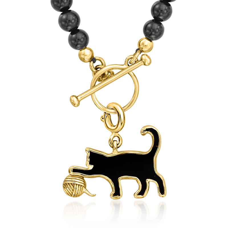Onyx Cat with Yarn Charm in 18kt Gold Over Sterling  image number 2