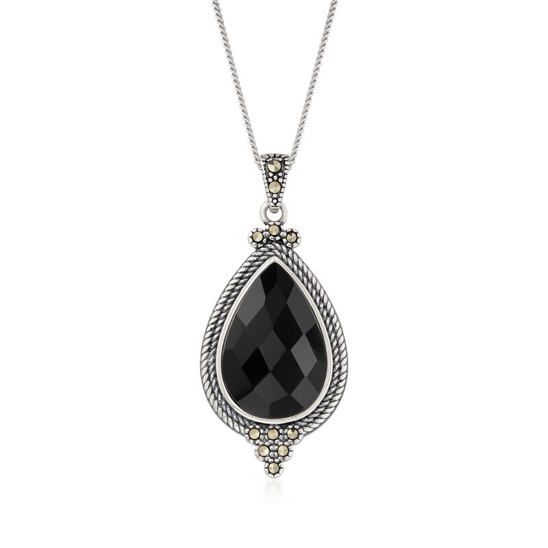 Black Onyx and Marcasite Pendant Necklace in Sterling Silver image number 0