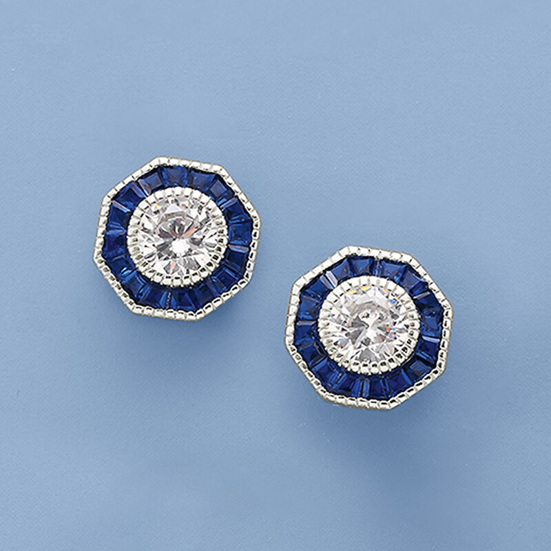 .60 ct. t.w. Simulated Sapphire and 1.00 ct. t.w. CZ Octagon Earrings in Sterling Silver image number 3