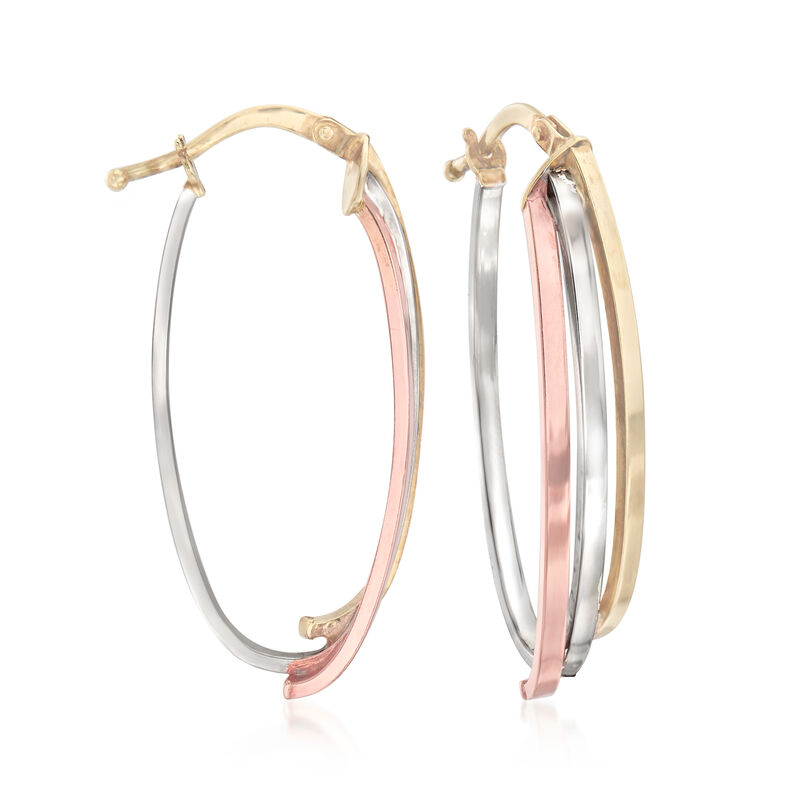 Italian 14kt Tri-Colored Gold Oval Hoop Earrings. 1 1/4&quot; image number 0