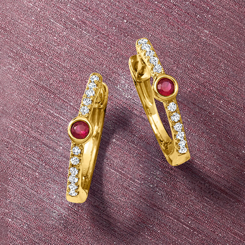 Ruby and Diamond Huggie Hoop Earrings in 14kt Yellow Gold. 3/8"