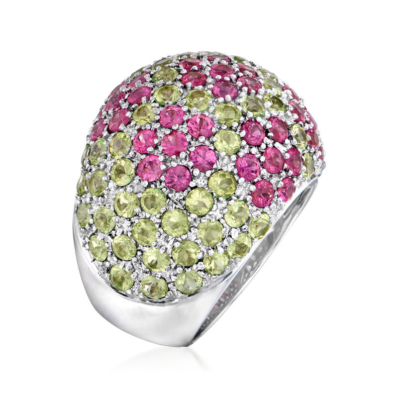 C. 1990 Vintage 3.20 ct. t.w. Pink Sapphire and 3.00 ct. t.w. Peridot Flower Dome Ring in 18kt White Gold. Size 7 image number 2