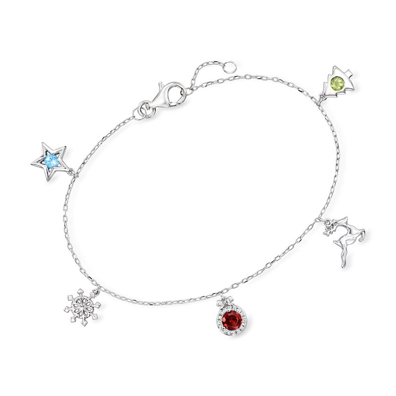 .48 ct. t.w. Multi-Gemstone Holiday Charm Bracelet with Diamond Accents in Sterling Silver. 6.5&quot; image number 0