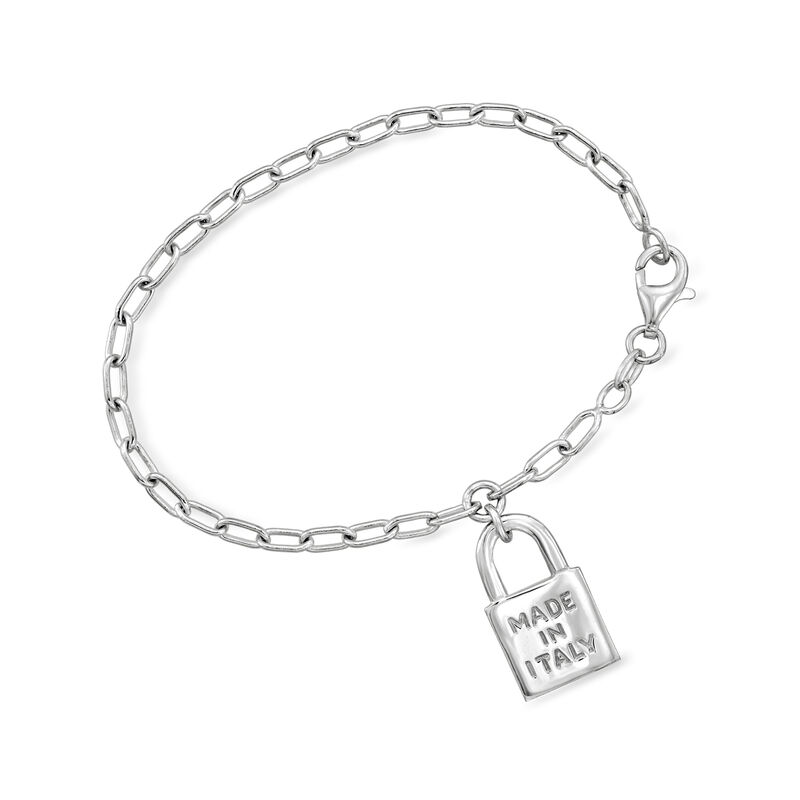 Italian Sterling Silver "Made in Italy" Lock Charm Paper Clip Link Bracelet. 8" image number 0