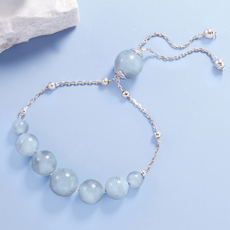 28.45 ct. t.w. Aquamarine Bead Graduated Bolo Bracelet in Sterling Silver image number 3