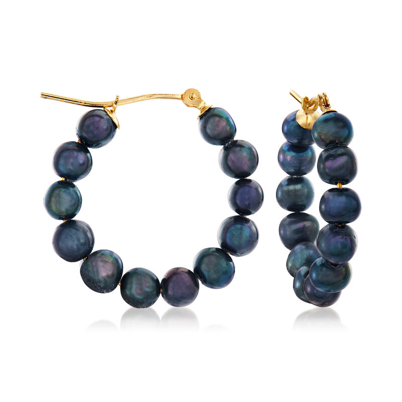 4-5mm Black Cultured Pearl Hoop Earrings in 14kt Yellow Gold image number 0