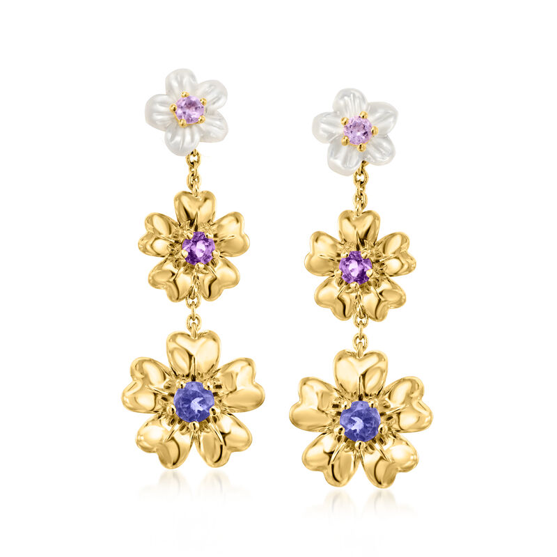 Mother-of-Pearl and .20 ct. t.w. Multi-Gemstone Flower Drop Earrings in 18kt Gold Over Sterling  image number 0