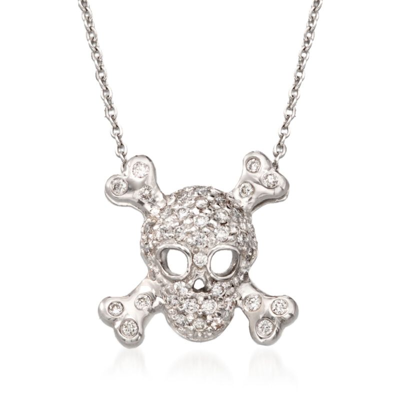 Roberto Coin &quot;Tiny Treasures&quot; .20 ct. t.w. Pave Diamond Skull and Crossbone Pendant Necklace in 18kt White Gold. 18&quot; image number 1