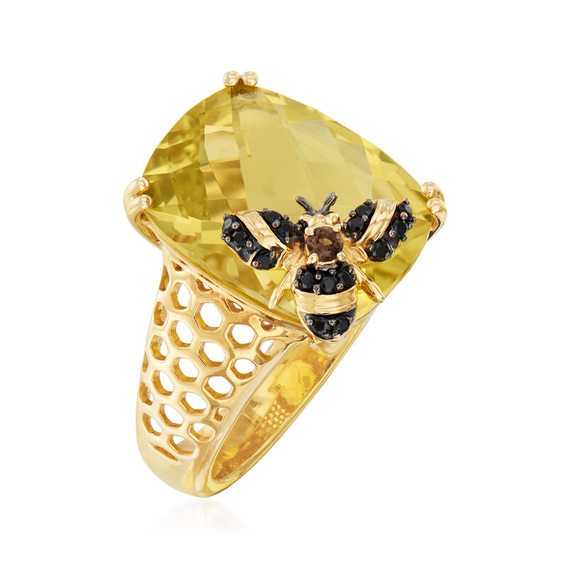 8.75 Carat Lemon Quartz Bumblebee Ring with Smoky Quartz and Black Spinels in 18kt Gold Over Sterling image number 2