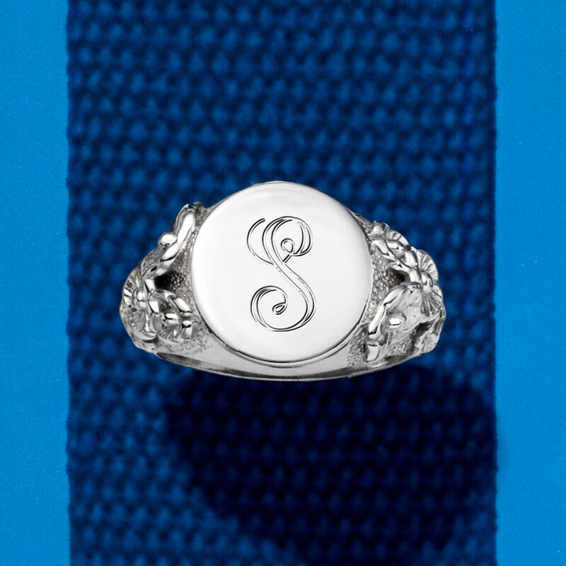 Italian Sterling Silver Personalized Floral Signet Ring image number 3