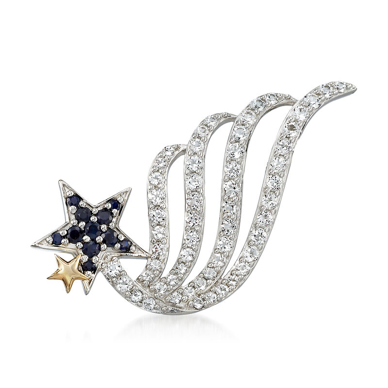 1.80 ct. t.w. White Topaz and .30 ct. t.w. Sapphire Shooting Star Pin in Sterling Silver image number 0