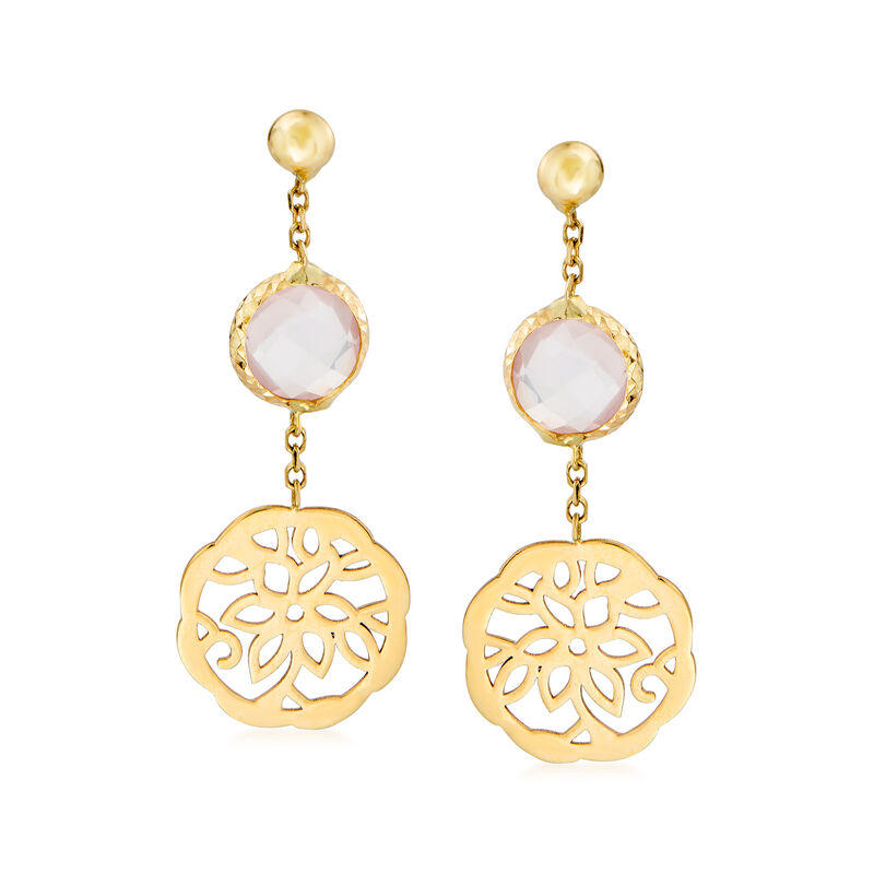 Italian Rose Quartz Floral Drop Earrings in 14kt Yellow Gold image number 0