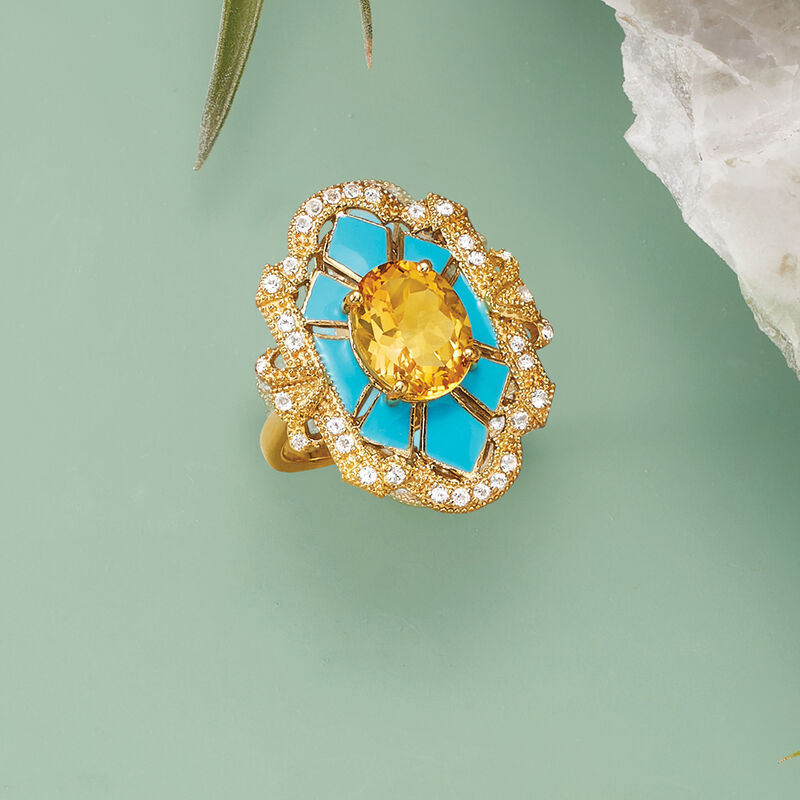 2.60 Carat Citrine and .30 ct. t.w. White Topaz Ring with Blue Enamel in 18kt Gold Over Sterling image number 3