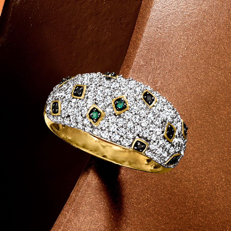 1.05 ct. t.w. White and Black Diamond Ring with Emeralds in 18kt Gold Over Sterling image number 3