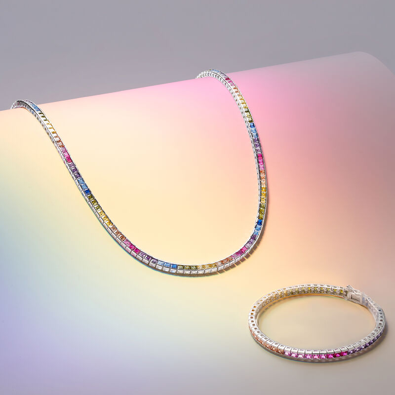 8.70 ct. t.w. Simulated Multicolored Sapphire Tennis Bracelet in Sterling Silver image number 2