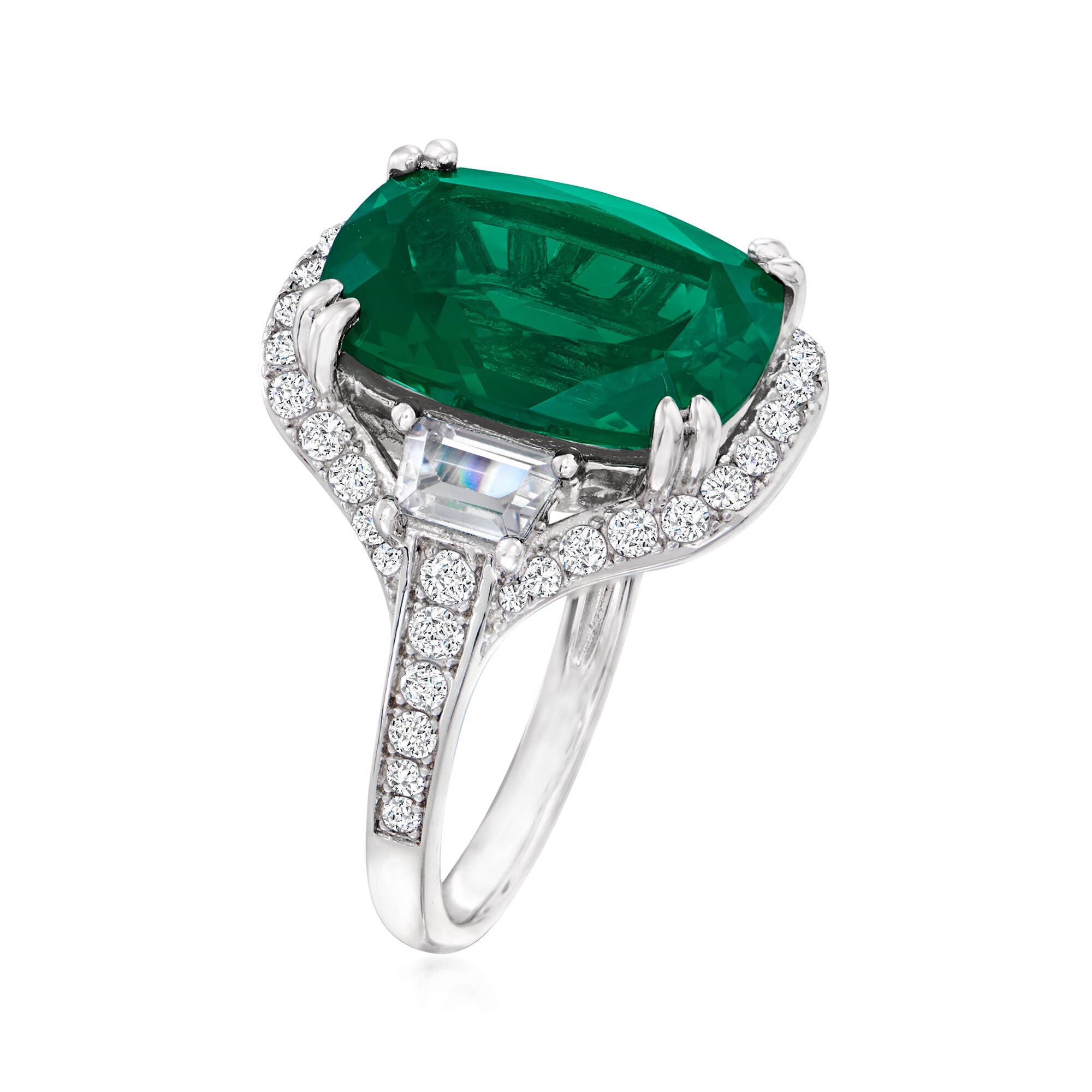 6.50 Carat Simulated Emerald Ring with 1.00 ct. t.w. CZs in