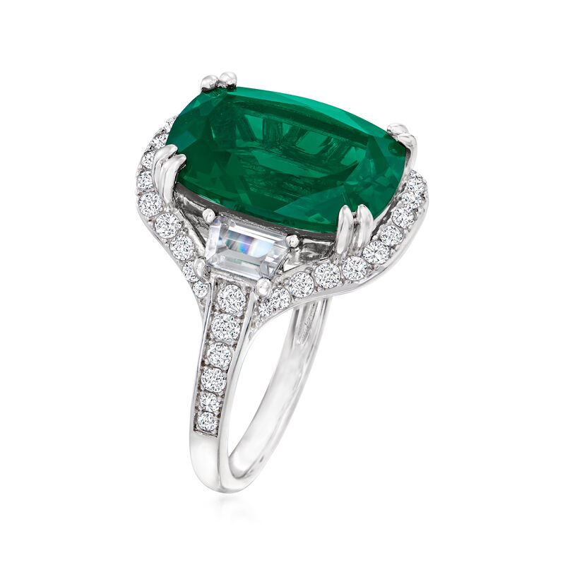 6.50 Carat Simulated Emerald Ring with 1.00 ct. t.w. CZs in Sterling Silver image number 2