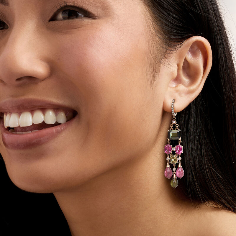 C. 1990 Vintage 19.60 ct. t.w. Pink and Green Tourmaline Chandelier Earrings with .35 ct. t.w. Diamonds in 14kt Rose Gold image number 1