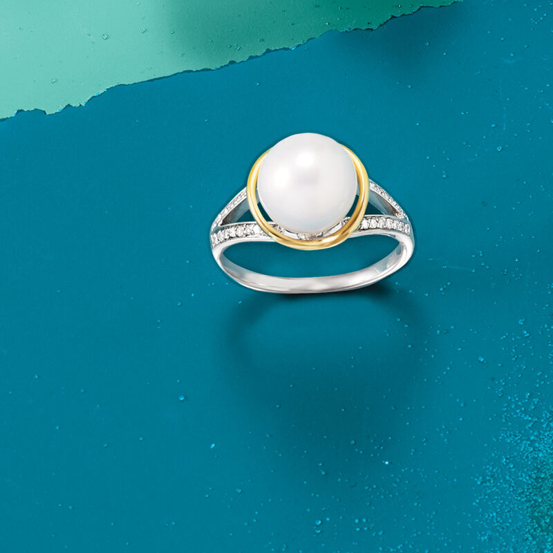 9.5-10mm Cultured Pearl and .13 ct. t.w. Diamond Ring in Sterling Silver and 14kt Yellow Gold image number 3