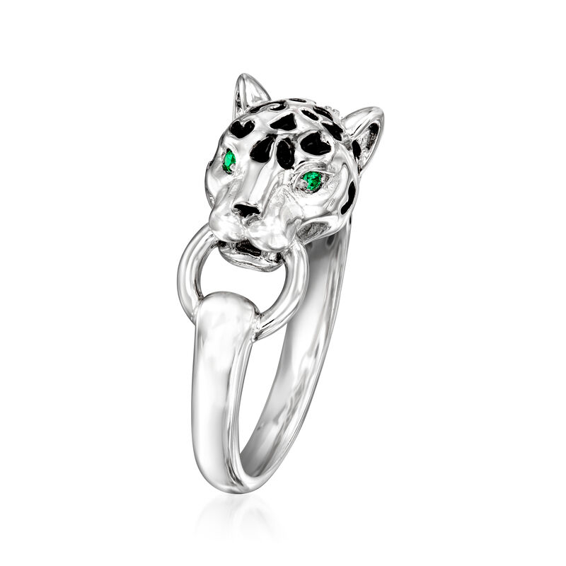 Charles Garnier Sterling Silver and Black Enamel Panther Ring with CZ and Simulated Emerald Accents image number 2