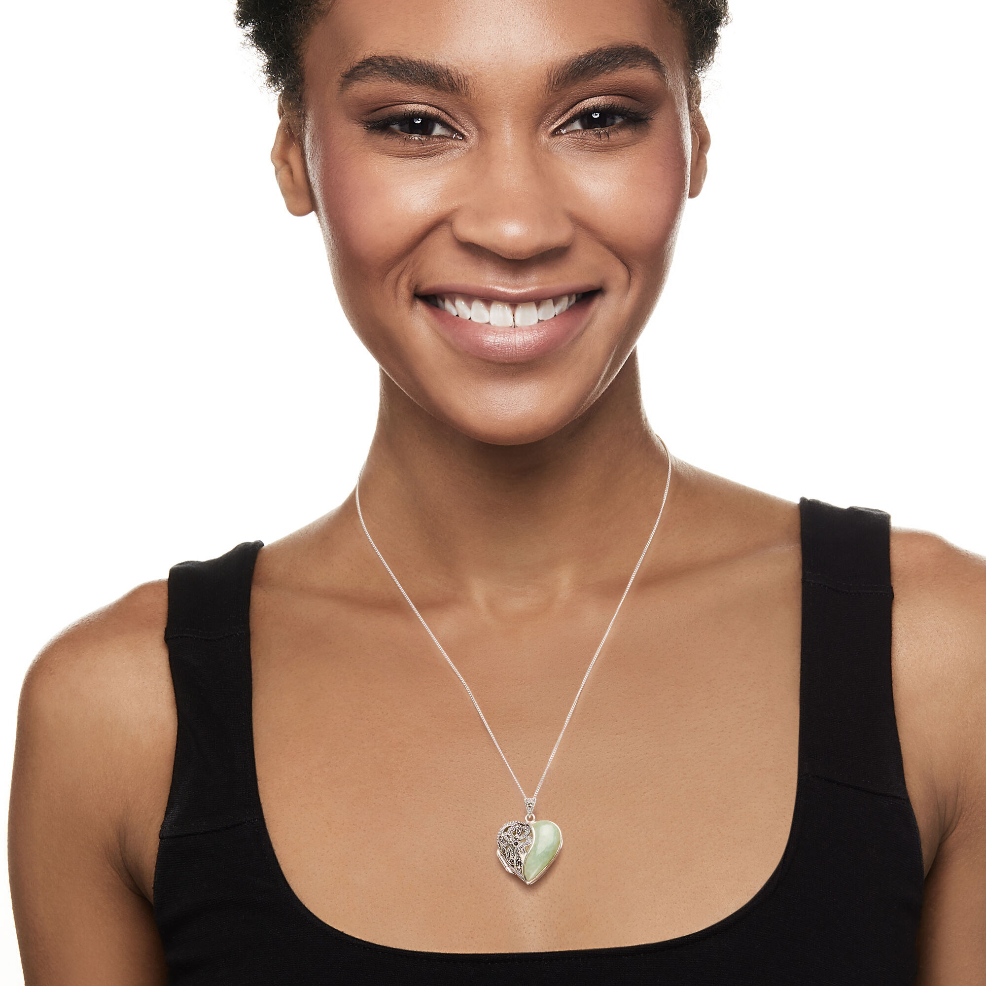 Jade and Marcasite Heart Locket Pendant Necklace in Sterling Silver