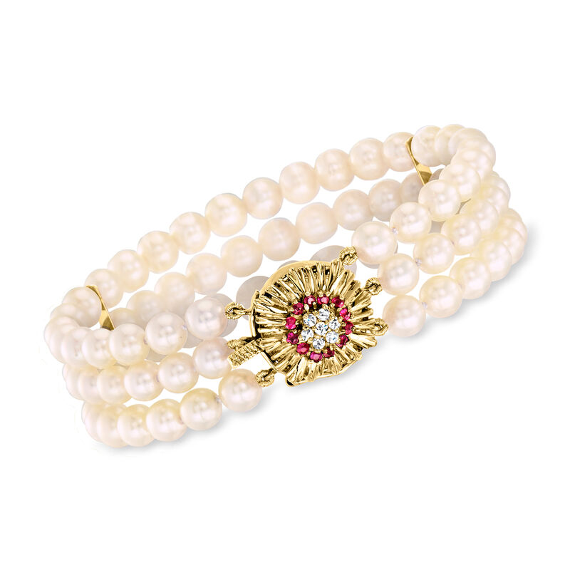 C. 1970 Vintage 5.5-6mm Cultured Pearl and .33 ct. t.w. Ruby Three-Row Bracelet with Diamonds in 14kt Yellow Gold. 7&quot; image number 0