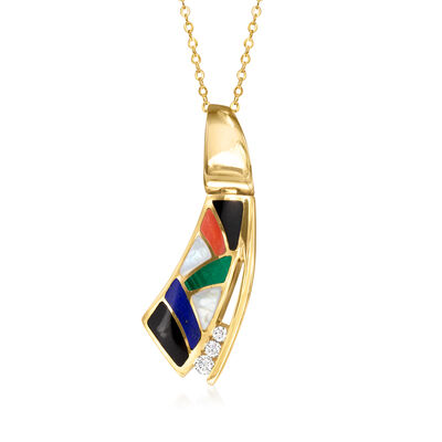 C. 1990 Vintage Multi-Gemstone Inlay Pendant Necklace with Diamonds in 14kt Yellow Gold
