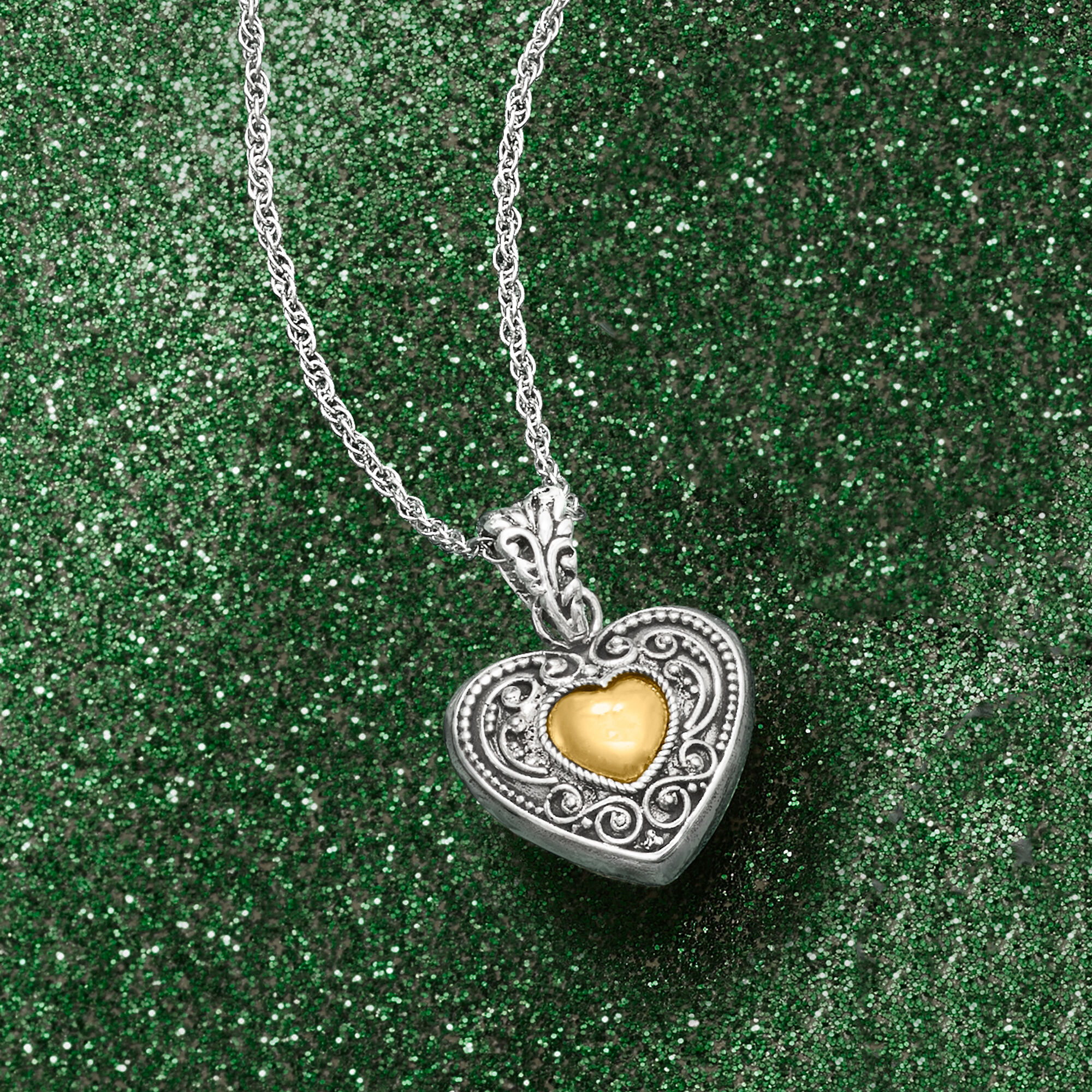Sterling Silver and 18kt Yellow Gold Bali Style Heart Pendant Necklace. 18
