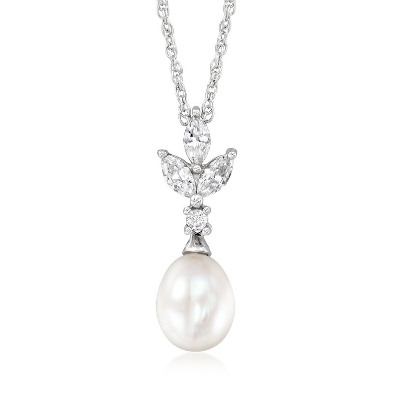 6-7.5mm Cultured Pearl and .98 ct. t.w. CZ Jewelry Set: Earrings and Pendant Necklace in Sterling Silver. 18&quot; image number 3