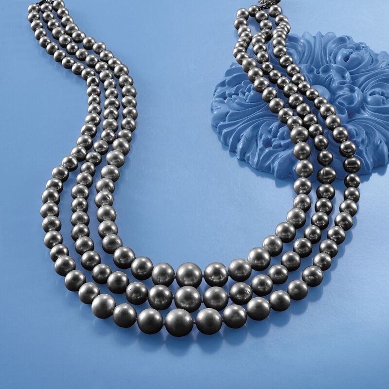 6-12.5mm Black Cultured Pearl Three-Strand Necklace with 14kt Yellow Gold image number 2