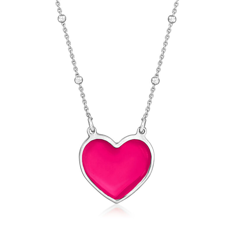 Italian Pink Enamel Heart Necklace in Sterling Silver. 18&quot; image number 1