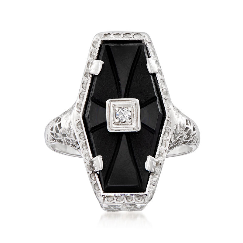 C. 1950 Vintage Black Onyx Ring with Diamond Accent in 14kt White Gold image number 0